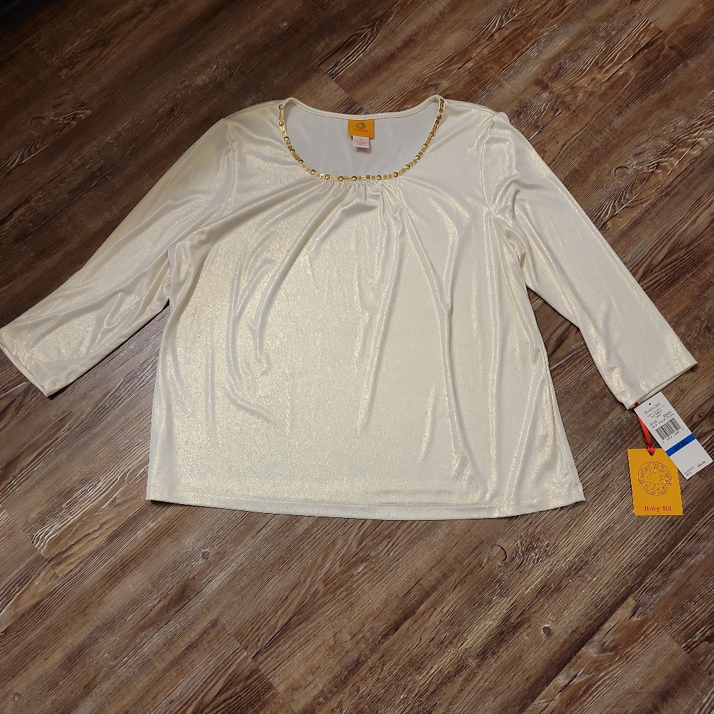 $44 Ruby Rd. Beige 3/4 Glitterati Gold Plus Size Spandex Top Size Xl. Nwt.